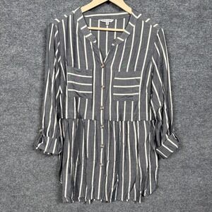 John Mark Medium Roll Tab Sleeves Shirt Gray Stripe Cotton Blend Artsy Lagenlook